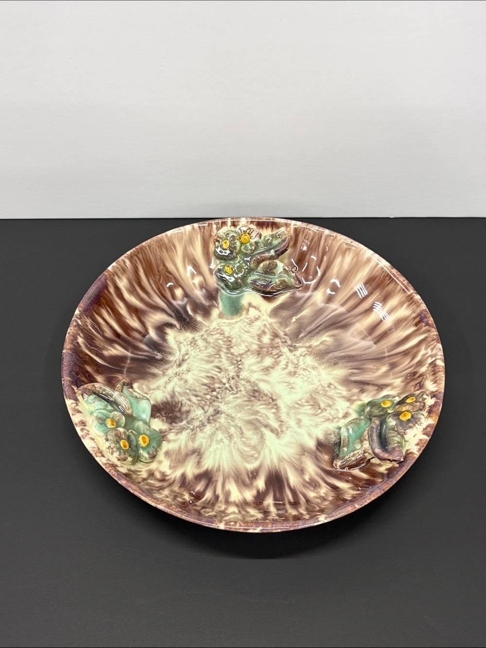 JASBA Art Deco Fruit Bowl Brown Green Ceramic w/ Sculpted Flowers Germany
